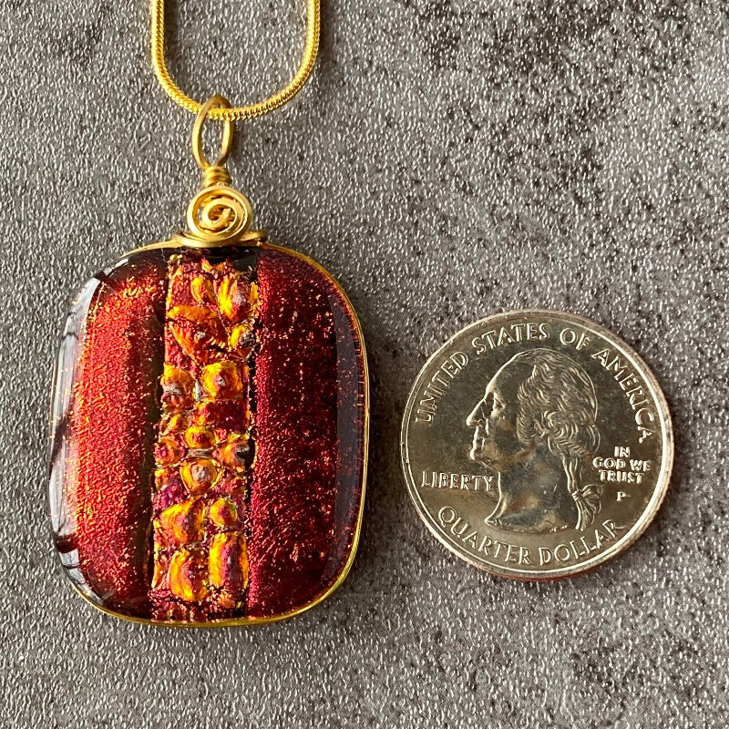 Lady in Red, Red Dichroic Glass Necklace, Gold