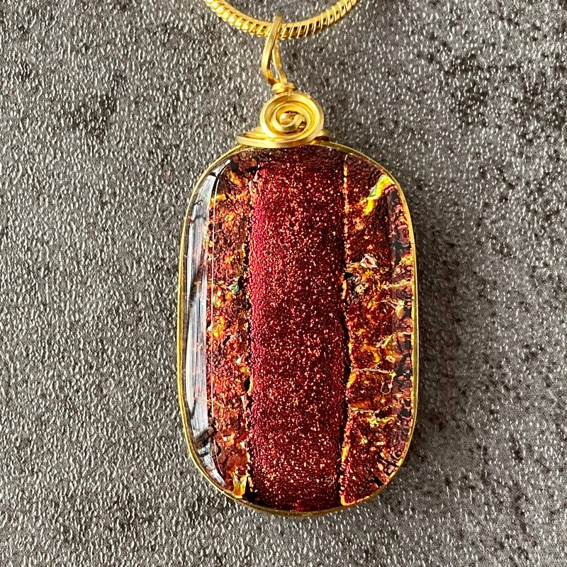 Cinnamon Heart, Red Dichroic Glass Necklace, Gold