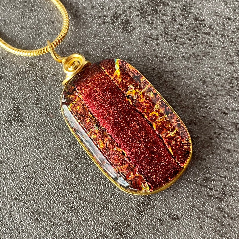 Cinnamon Heart, Red Dichroic Glass Necklace, Gold