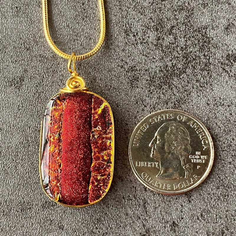 Cinnamon Heart, Red Dichroic Glass Necklace, Gold