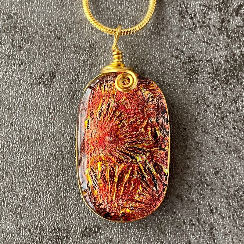 Red Fireworks, Red Dichroic Glass Necklace, Gold
