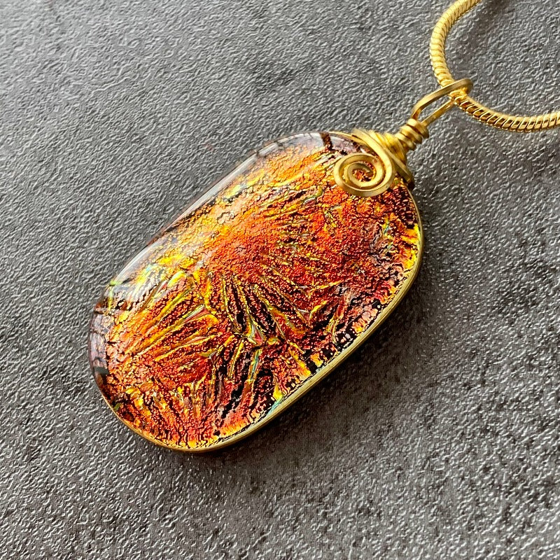 Red Fireworks, Red Dichroic Glass Necklace, Gold