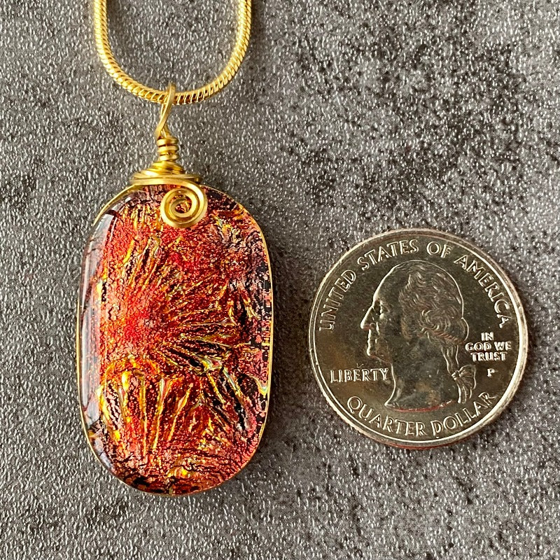 Red Fireworks, Red Dichroic Glass Necklace, Gold