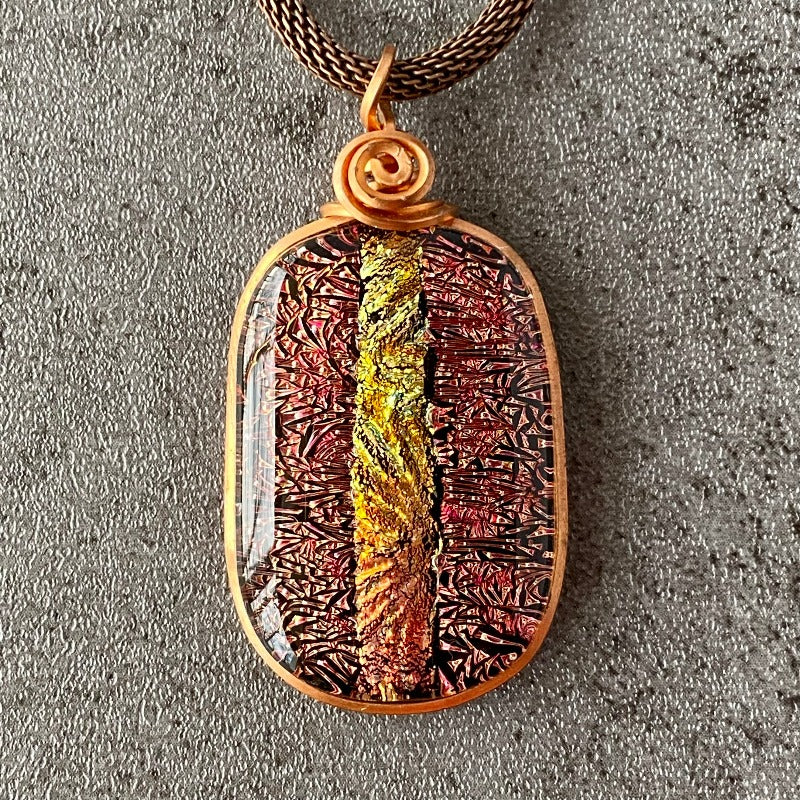 Crackling Rose, Red Dichroic Necklace, Copper