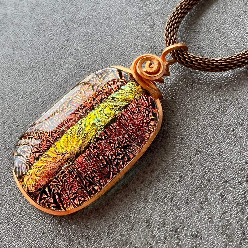 Crackling Rose, Red Dichroic Necklace, Copper