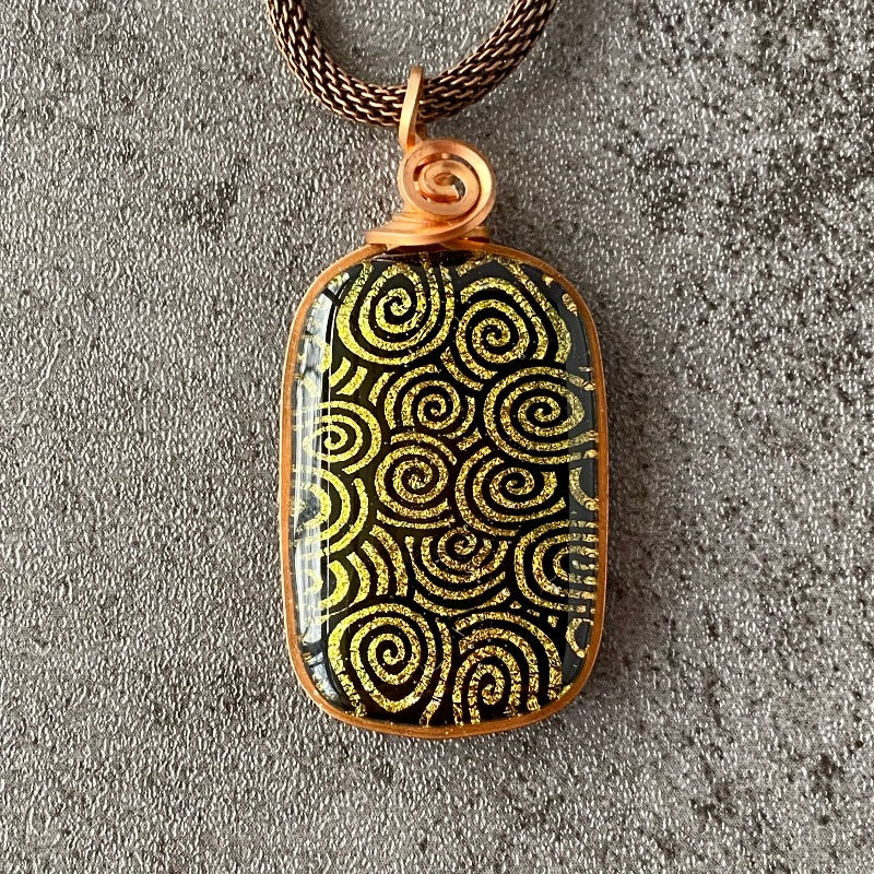 Gold Swirl, Dichroic Glass Necklace, Copper