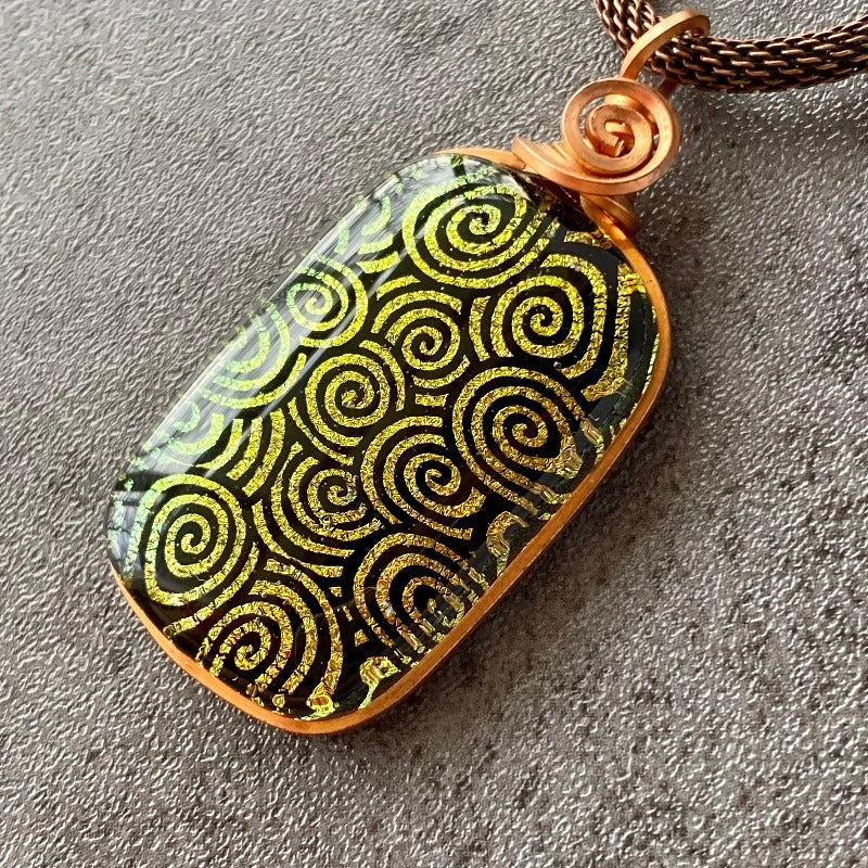 Gold Swirl, Dichroic Glass Necklace, Copper