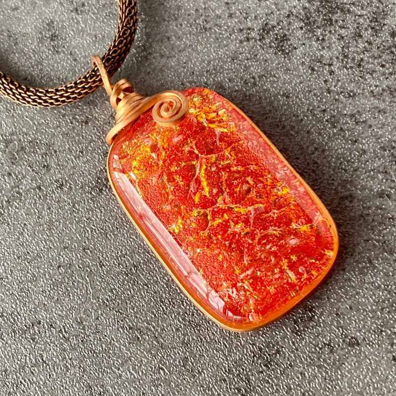 Fired Up, Red Dichroic Glass Necklace, Copper