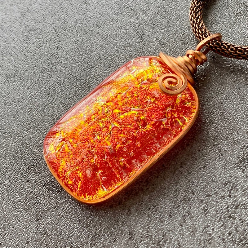 Fired Up, Red Dichroic Glass Necklace, Copper