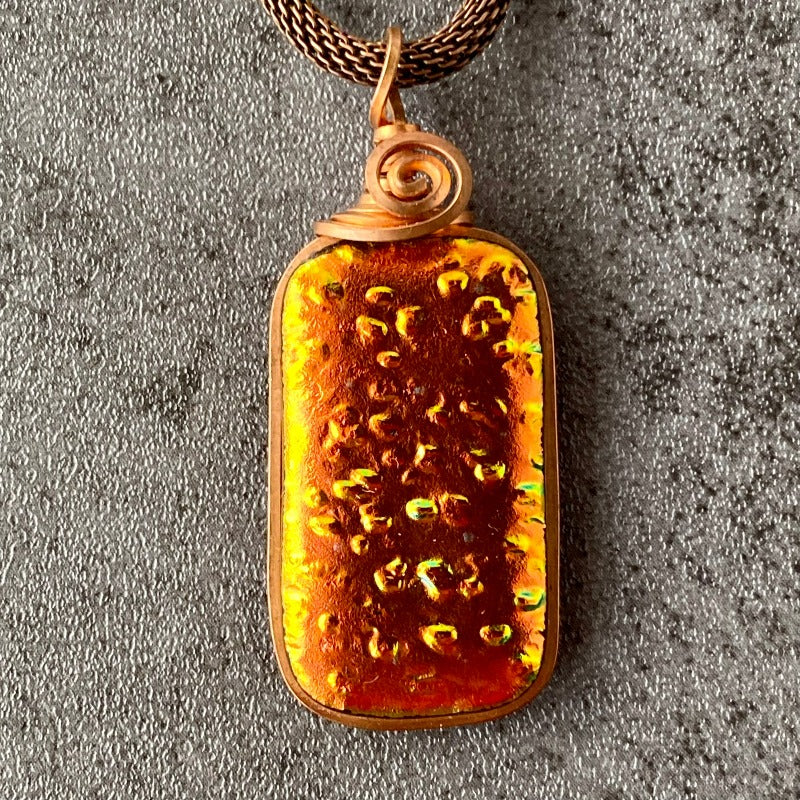The Floor is Lava, Orange Dichroic Glass Necklace, Copper