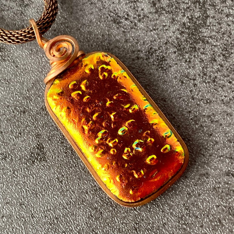 The Floor is Lava, Orange Dichroic Glass Necklace, Copper