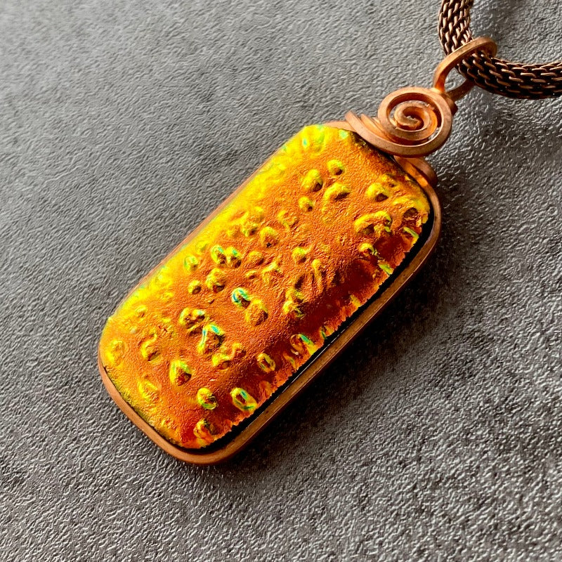 The Floor is Lava, Orange Dichroic Glass Necklace, Copper