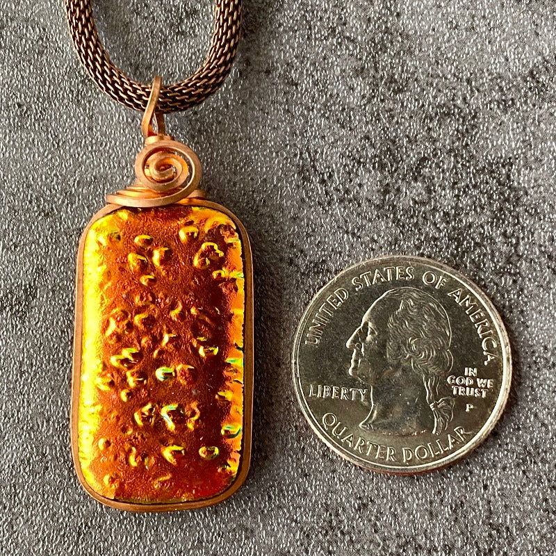 The Floor is Lava, Orange Dichroic Glass Necklace, Copper