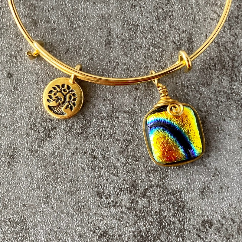 River Dance, Multi-color Dichroic Glass Bracelet, Gold