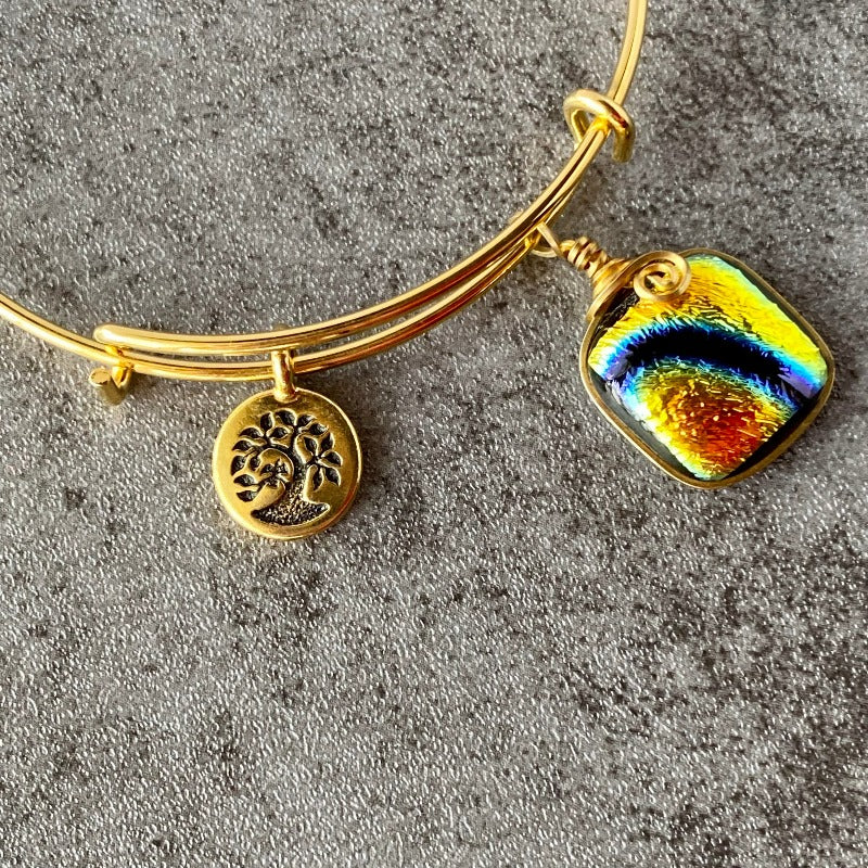 River Dance, Multi-color Dichroic Glass Bracelet, Gold