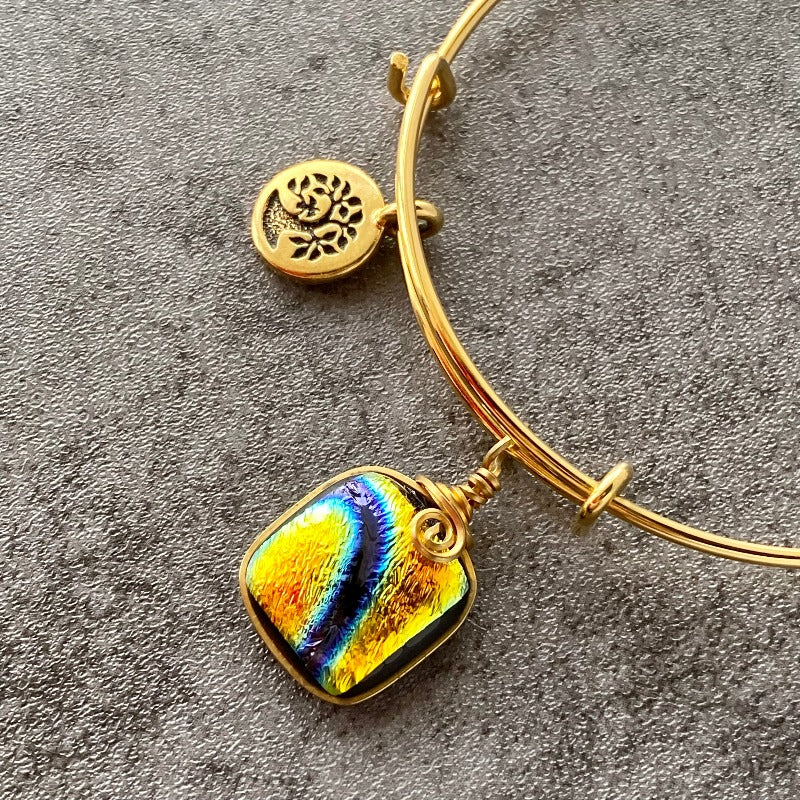 River Dance, Multi-color Dichroic Glass Bracelet, Gold