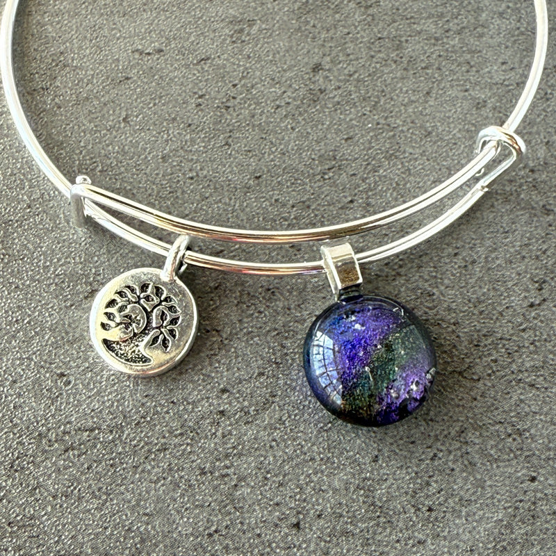 Nightfall, Lavender and Green Color Dichroic Glass Bracelet, Silver