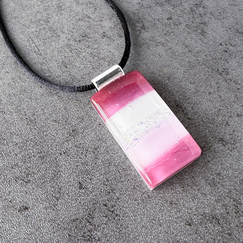 Berry Blush, Pink Fused Glass Necklace, cranberry, mauve, silver