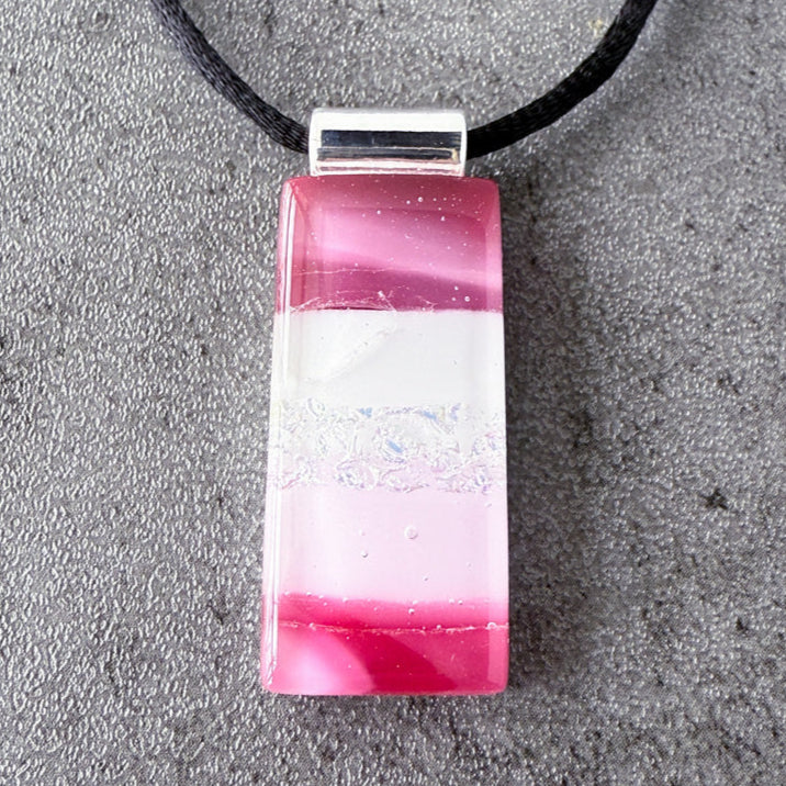 Raspberry Glow, Pink Fused Glass Necklace, cranberry, mauve, silver