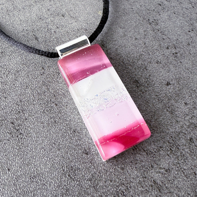 Raspberry Glow, Pink Fused Glass Necklace, cranberry, mauve, silver