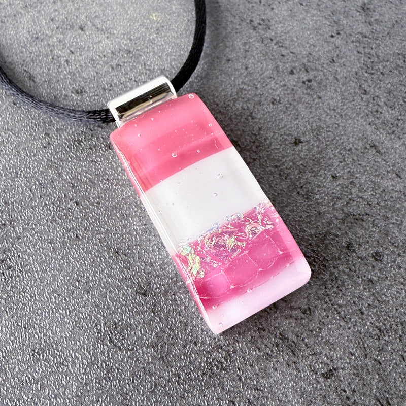 Sangria Sunset, Pink Fused Glass Necklace, cranberry, mauve, silver