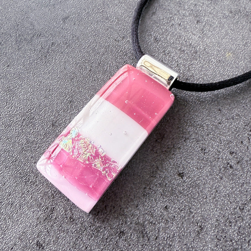 Sangria Sunset, Pink Fused Glass Necklace, cranberry, mauve, silver