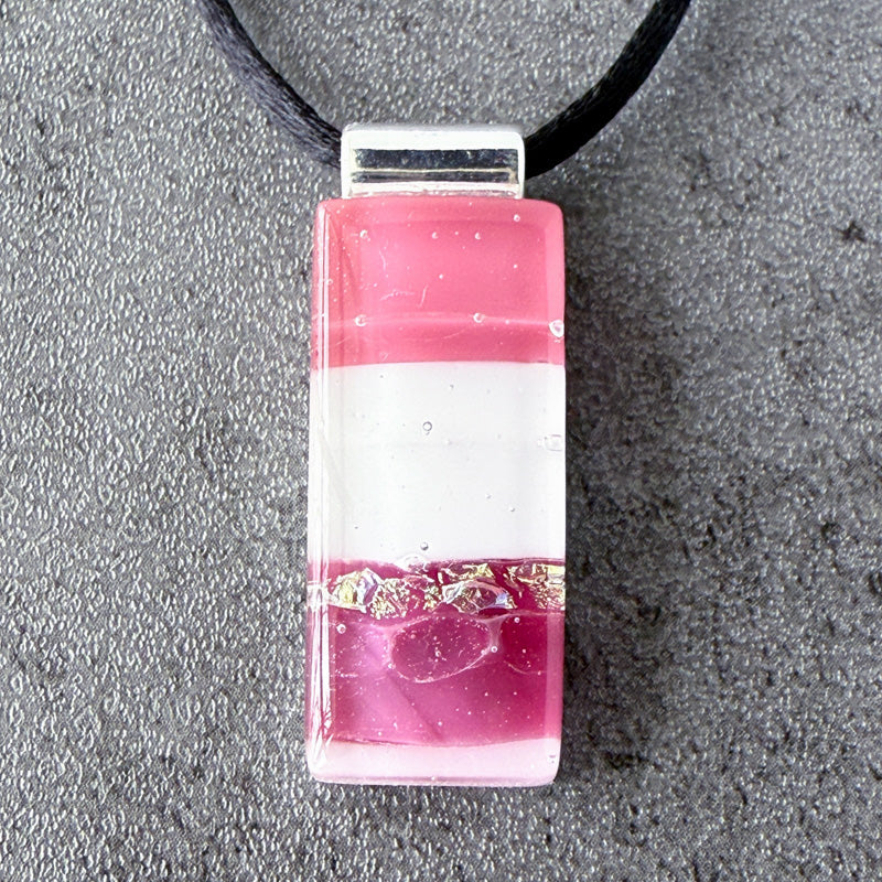 Oh My Heart, Pink Fused Glass Necklace, cranberry, mauve, silver