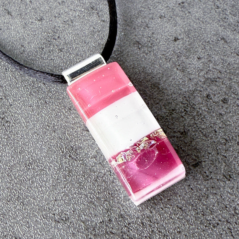 Oh My Heart, Pink Fused Glass Necklace, cranberry, mauve, silver