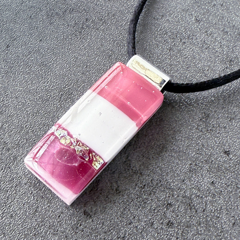 Oh My Heart, Pink Fused Glass Necklace, cranberry, mauve, silver