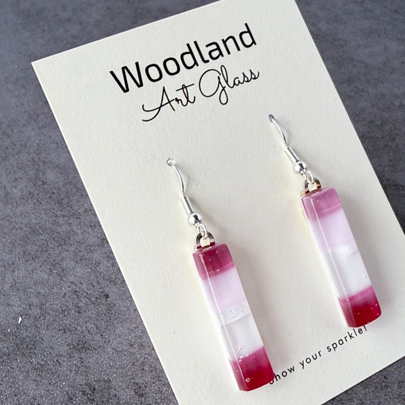 Sunset Streaks, Pink Fused Glass Earrings, cranberry, mauve, silver