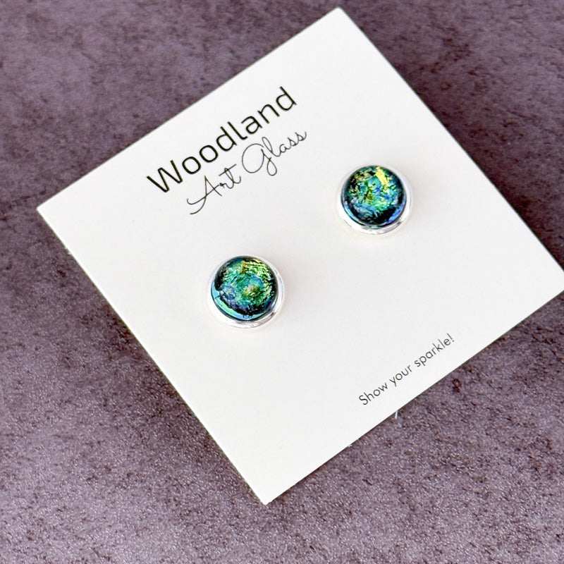 Mystic Canopy, Green Dichroic Earrings, Silver