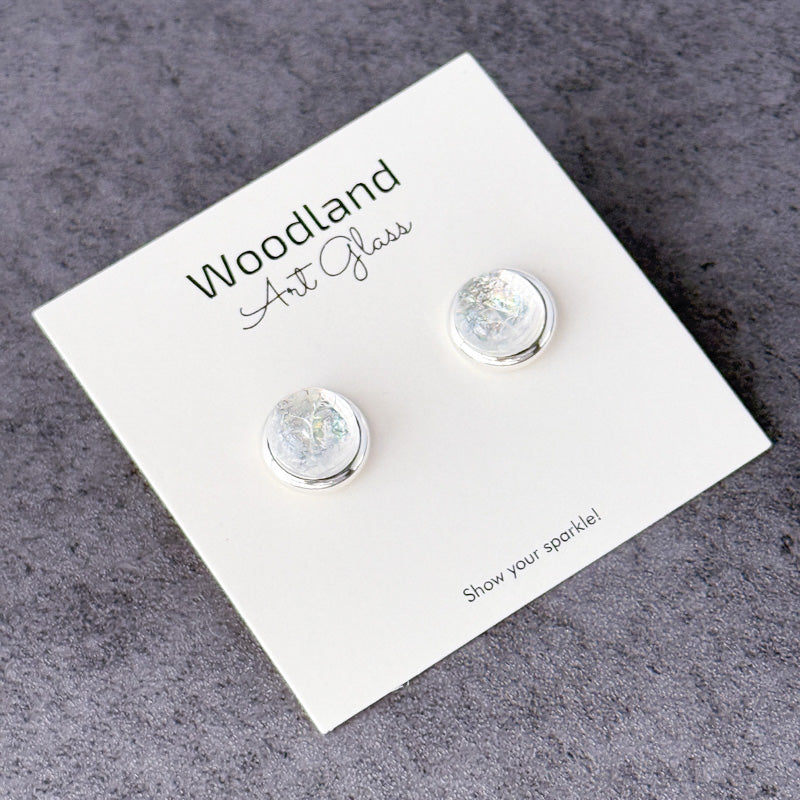 Moonlit Whisper, White Dichroic Earrings, Silver