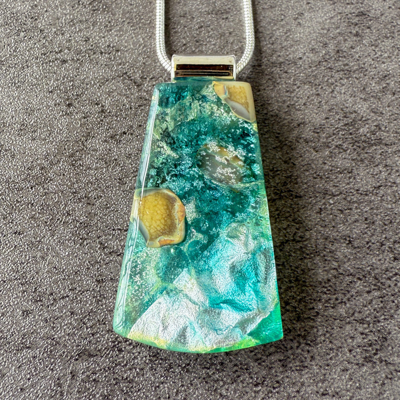 Frozen Whisper, Glimmerstone Fused Glass Necklace, blue, aqua, silver