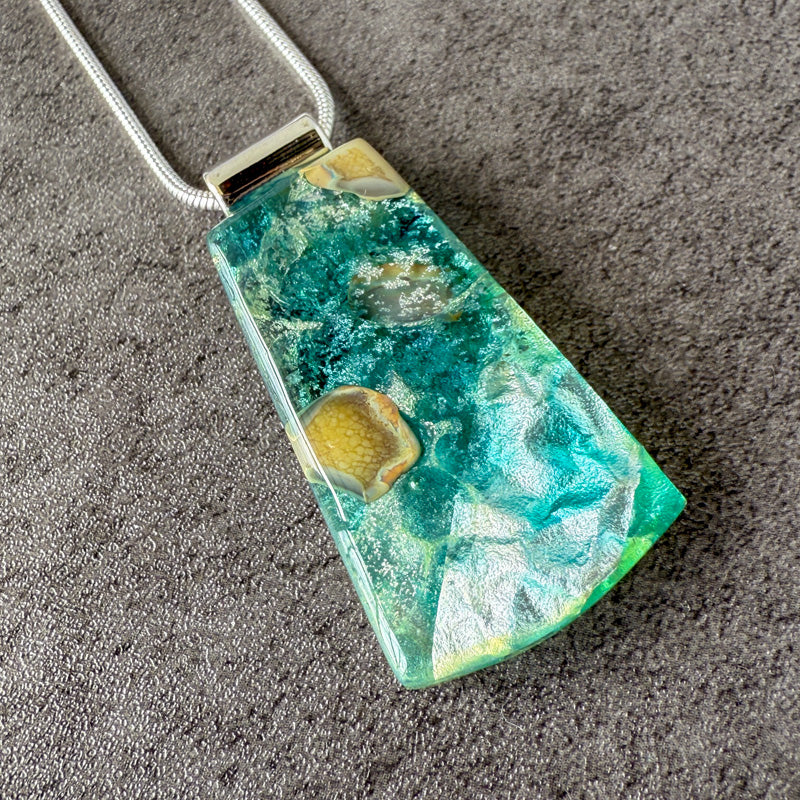 Frozen Whisper, Glimmerstone Fused Glass Necklace, blue, aqua, silver
