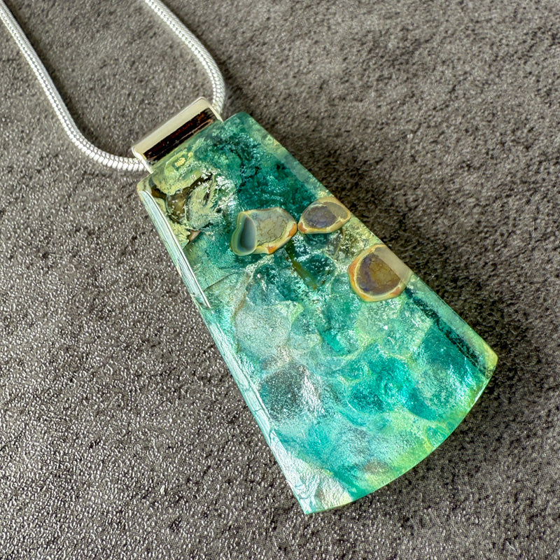 Mist of Valen, Glimmerstone Fused Glass Necklace, blue, aqua, silver