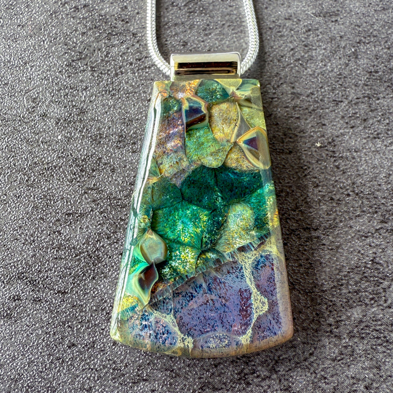 Song of Stone, Glimmerstone Fused Glass Necklace, multicolor, silver