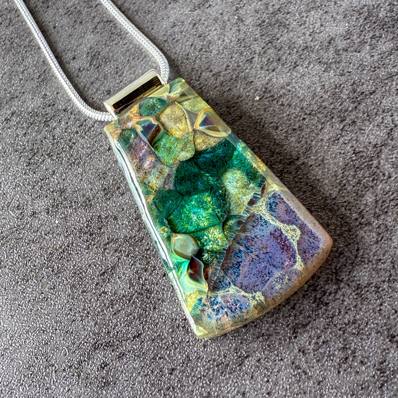 Song of Stone, Glimmerstone Fused Glass Necklace, multicolor, silver