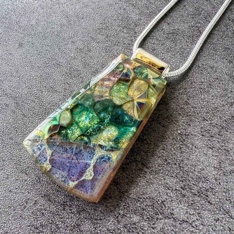 Song of Stone, Glimmerstone Fused Glass Necklace, multicolor, silver