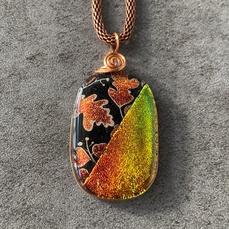 Rustling Oak Leaves, Copper Dichroic Glass Necklace