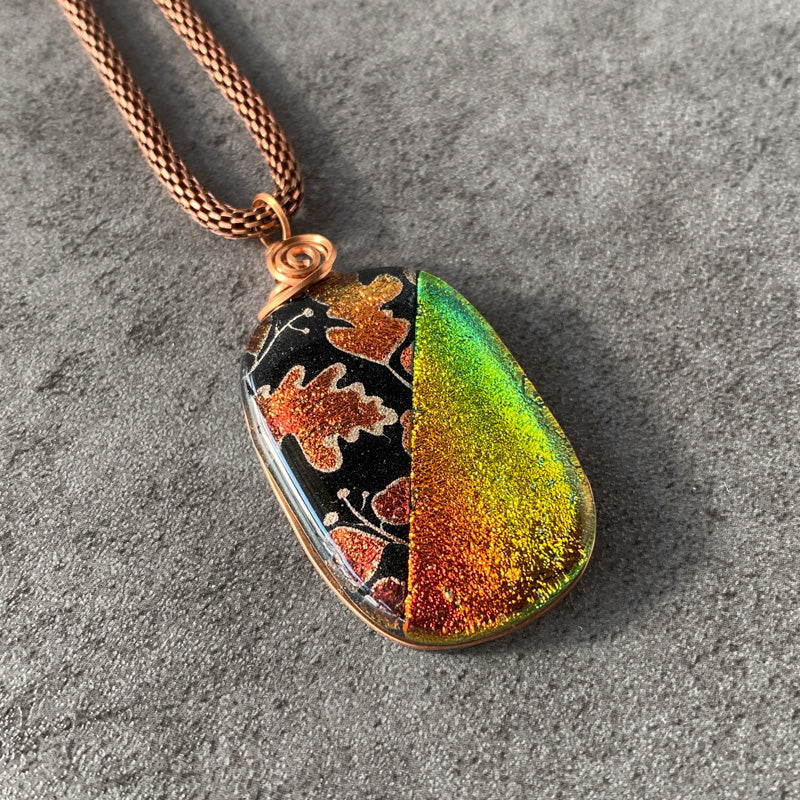 Rustling Oak Leaves, Copper Dichroic Glass Necklace