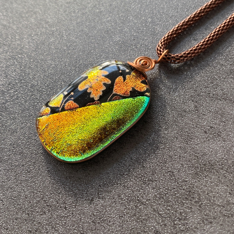 Rustling Oak Leaves, Copper Dichroic Glass Necklace