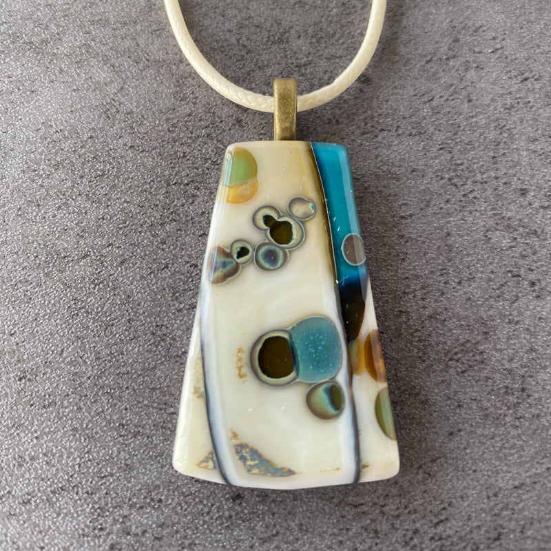 Aegean Whispers, Ancient Relic Style Fused Glass Necklace, cream, aqua