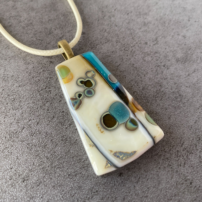 Aegean Whispers, Ancient Relic Style Fused Glass Necklace, cream, aqua