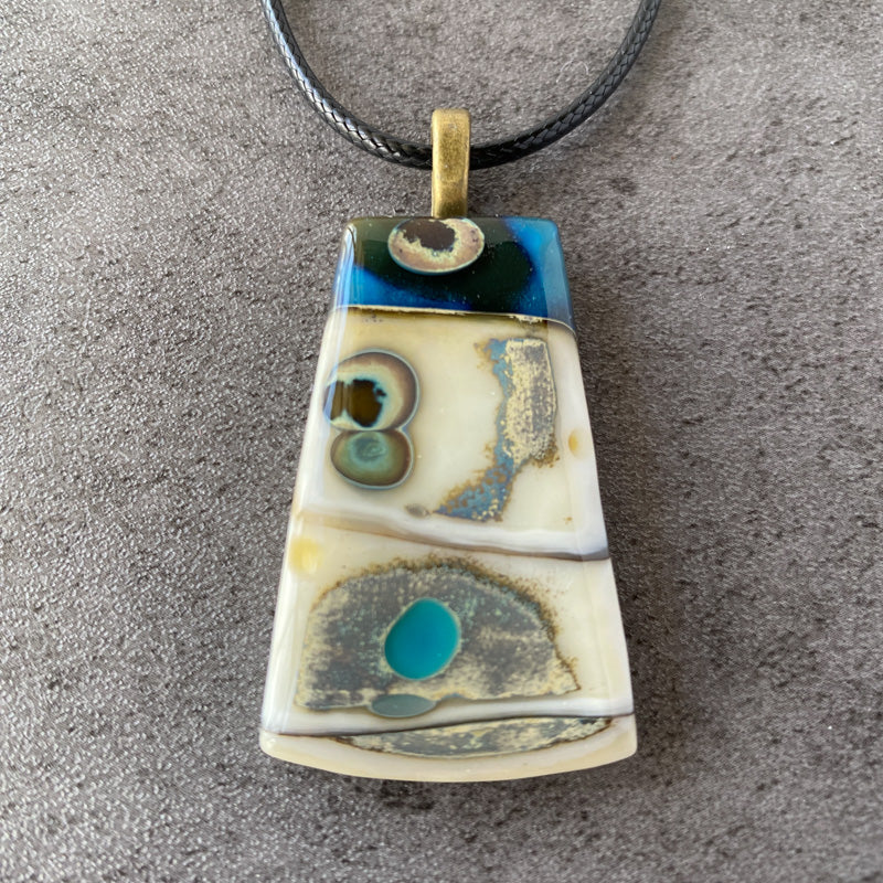 Mystic Medallion, Ancient Relic Style Fused Glass Necklace, cream, aqua