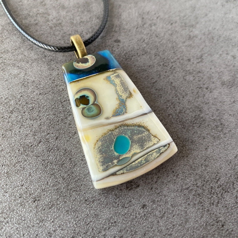 Mystic Medallion, Ancient Relic Style Fused Glass Necklace, cream, aqua