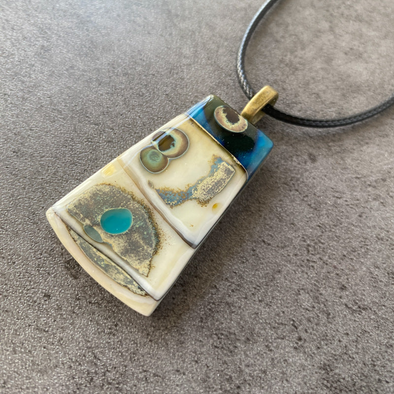 Mystic Medallion, Ancient Relic Style Fused Glass Necklace, cream, aqua