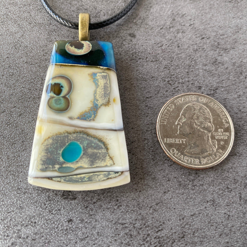 Mystic Medallion, Ancient Relic Style Fused Glass Necklace, cream, aqua