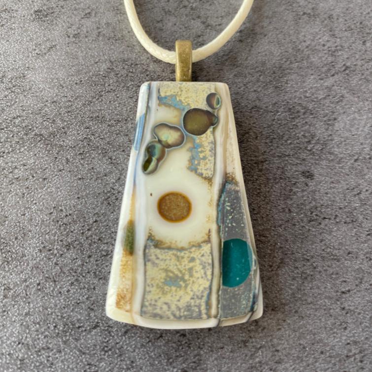 Forgotten Coast, Ancient Relic Style Fused Glass Necklace, aqua, cream