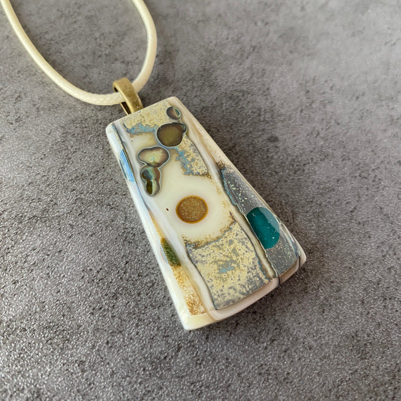 Forgotten Coast, Ancient Relic Style Fused Glass Necklace, aqua, cream