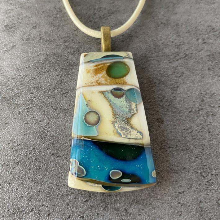 Mediterranean Mist, Ancient Relic Style Fused Glass Necklace, blue, cream